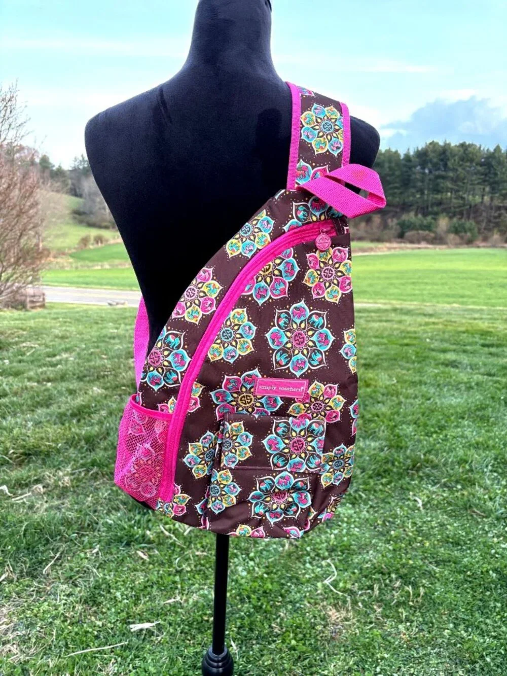 Simply Southern Brown & Pink Elephant Sling Backpack Floral Print Mandala Flower